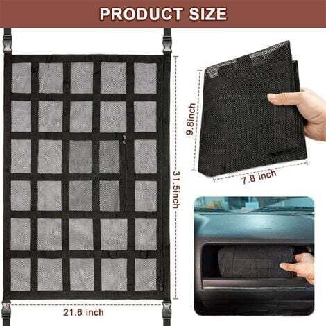 Filet de rangement de toit, sac de rangement de voiture, sac en filet universel, filet élastique pour l'intérieur du toit de la voiture, convient aux toits de berlines et de SUV, noir (90 x 65 cm). (1/3)