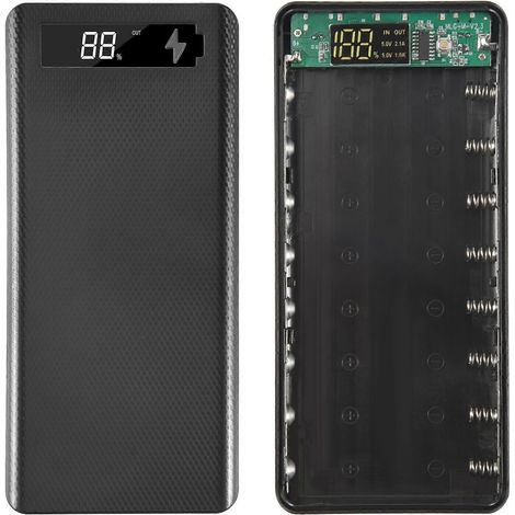 Externes Akkufach mit zwei USB-Anschlüssen (5 V) für 8 x 18650-Akkus mit Digitalanzeige und Akkuhalter (Schwarz) (1/5)