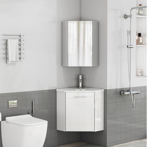 Mueble de baño esquinero con lavabo y armario espejo, blanco brillante, MDF (1/5)