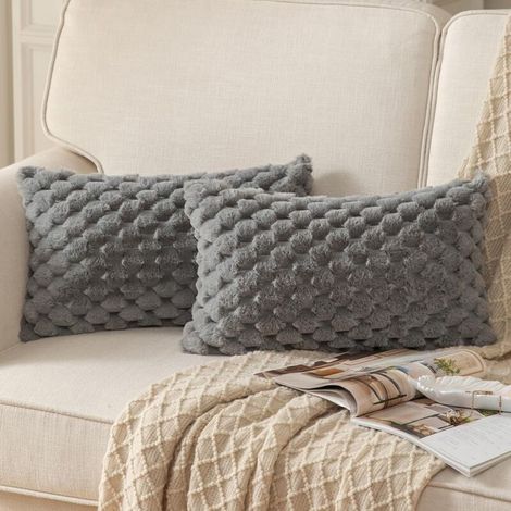 2pcs Super Soft Plush Fluffy Decorative Cushion Covers Faux Fur Wool Velvet Pillowcase Bedroom Living Room Grey 30 x 50 cm