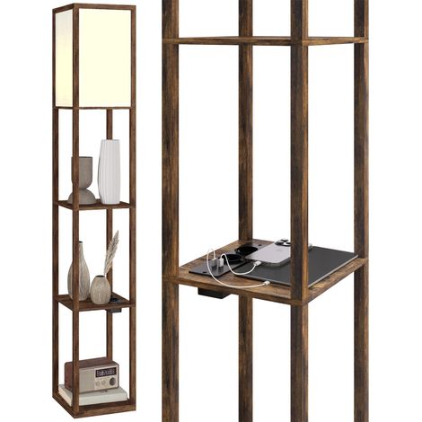 Lampe sur pied avec étagères, Luce Regolabile, interrupteur à pédale et Porte USB, marron - Ce luminaire de haute qualité allie design élégant et fonctionnalité optimale, parfait pour embellir votr... (1/5)