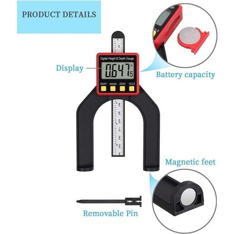 Jauge de profondeur numérique 2 en 1 – Mesure de hauteur 80 mm – Angle 360 ° – Grand écran LCD pour lecture précise (1/3)