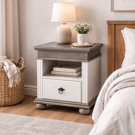 Chevet 1 tiroir 52x43x59 cm en pin blanc et gris brun - ONIAR