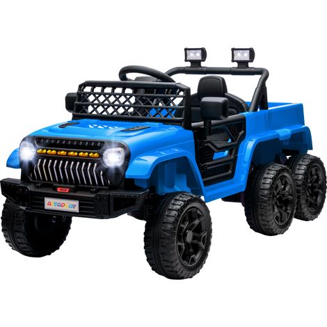 Voiture électrique enfant 12V avec remorque, lumières LED, musique, klaxon, bleu clair, 3-8 ans