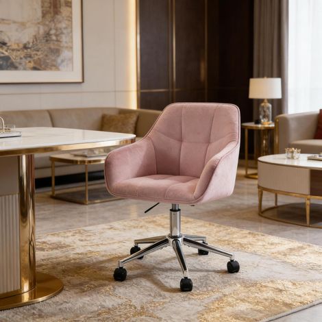 Chaise de bureau en velours rose avec accoudoirs intégrés, pivotante 360°, vérin à gaz, hauteur d'assise 48-57 cm (1/5)