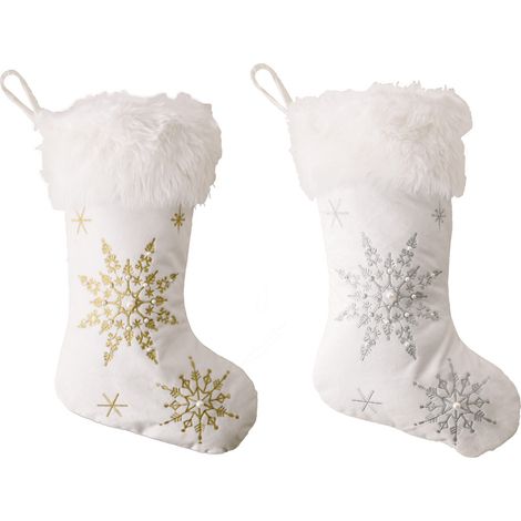 Paquet de 2 chaussettes de Noël blanches comme neige, chaussettes de Noël en peluche, ornements suspendus en flocon de neige brodés dorés, adaptés à la décoration de fête de Noël à la maison YMYNY (1/5)