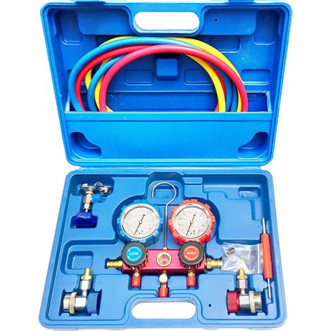 JOMAFA JUEGO MANOMETROS PARA AIRE ACONDICIONADO CON VALVULA PARA GASES R22, R134A, R410A, R404A carga, descarga y comprobación (1/5)