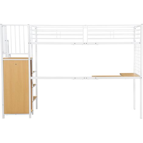 Hochbett 90 x 200 cm mit Schreibtisch und Kleiderschrank, Metall und Platten, Weiß/Natur (1/5)