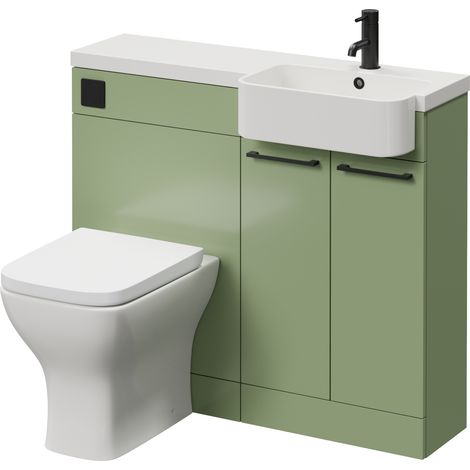 Napoli 250 Olive Green 1000mm 2 Door Vanity Unit Toilet Suite with Right Hand Round Rico Semi Recessed Basin - 1000mm - Matt Black 160mm HandleWith Kingston Toilet Pan and Seat