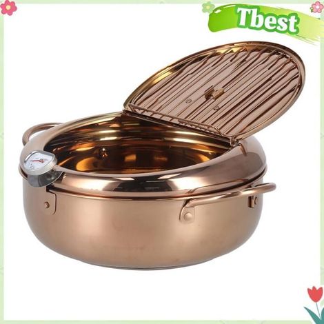 Tbest Marmite Friteuse en acier inoxydable avec thermomètre 3.2L antiadhésif poêle à frire profonde puericulture pot Or Rose (1/5)