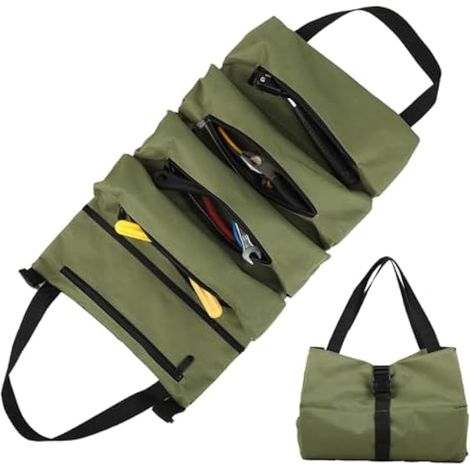 Sac à outils en toile enroulable – Trousse à outils avec 5 poches zippées – Pour électriciens, plombiers, charpentiers, usage domestique, voitures et motos (vert) (1/5)