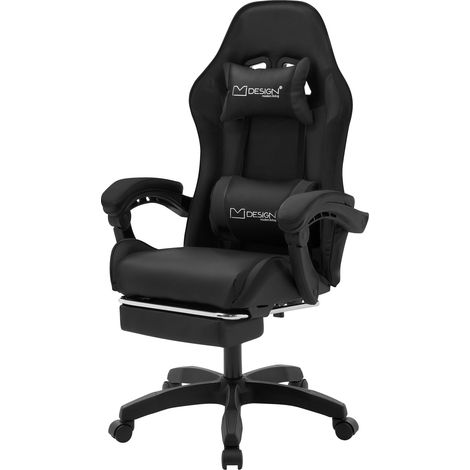 ML-Design Gaming Stuhl mit Fußstütze, Schwarz, aus Kunstleder, Ergonomischer Bürostuhl mit Armlehne, Kopfstütze, Lendenkissen, Drehstuhl verstellbar, Racing Gamer Stuhl Schreibtischstuhl Drehsessel