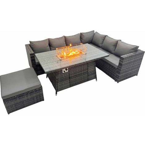 Fimous Garden Rattan Furniture Set 7 Seater Outdoor Corner Sofa Gas Firepit Dining Table Set with Big Stool Dark Grey (1/5)