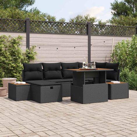 Salon de jardin 7 pièces en polyrotin noir avec canapés, pouf et table - PANGIVO (1/5)