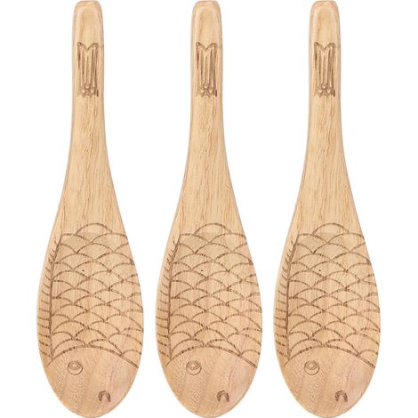 Set aus 3 Löffeln aus Naturholz, handgraviert, Fischmuster, glänzende und strapazierfähige Oberfläche. (1/5)