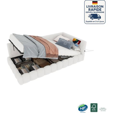 Lits coffre 90x200 cm, LED, USB, Type-C, hydraulique, canapé-lit simple pour enfant, sans matelas, imitation velours de laine, blanc (1/5)