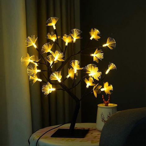 Lampe bonsaï lumineuse à fibres optiques 24 LED, alimentée par USB, avec fleurs artificielles, décoration de chambre et de fête de Noël. (1/5)