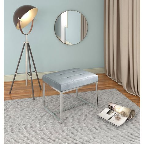 Hallowood Furniture Finley Grey Dressing Table Stool, Velvet Footstool with Chrome Metal Legs and Cushioned Seats Foot Stool, Dressing Table Chair, Stylish Living Room, Hallway and Bedroom Furniture (1/5)