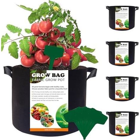 Pflanzsäcke, 5 Stück, Vlies-Pflanzsäcke, Anzuchtsäcke mit Griffen, Gemüseanbau, Pflanzenwachstum, für Kartoffeln, Tomaten, Erdbeeren, Schwarz, 3 Gallonen (1/5)