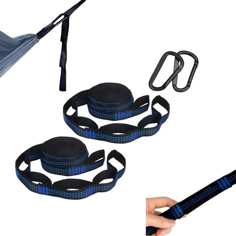 Lot de 2 kits de fixation pour hamac (2 m chacun), balançoire avec 6 passants, corde hamac avec 2 mousquetons robustes pour arbres, colonnes, poutres, camping, jardin, extérieur, bleu (1/5)