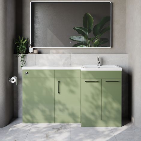 Napoli 390 Olive Green 1500mm 3 Door Vanity Unit Toilet Suite with Right Hand Square Lucia Basin - 1500mm - Chrome 160mm HandleWithout Kingston Toilet Pan
