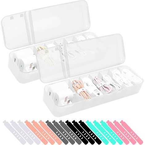 Lot de 2 boîtes de rangement pour câbles - Avec 7 compartiments et 18 serre-câbles - En plastique - Pour le bureau, le rangement du bureau - Blanc (1/5)
