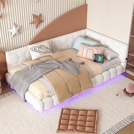 GUTENT Canapé-lit 1 place blanc 90 x 200 cm sans matelas – éclairage LED 16 couleurs, USB & Type‑C
