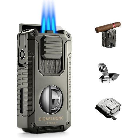 Storm Lighter, 5 in 1 Triple Jet Flame Lighters with V-Knife, Awl, Cigar Needles, Stand, with Visible Gas Window, Gift Box (No Gas) (Grey) (1/5)