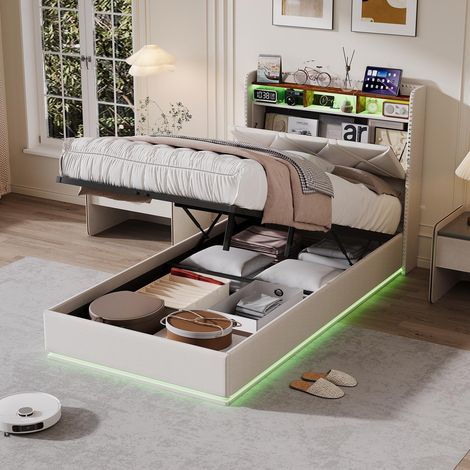 Letto contenitore 90x200 cm - Letto singolo 90x200 con rete - Testiera a scomparsa con LED RGB e USB/C - in lino beige (1/5)
