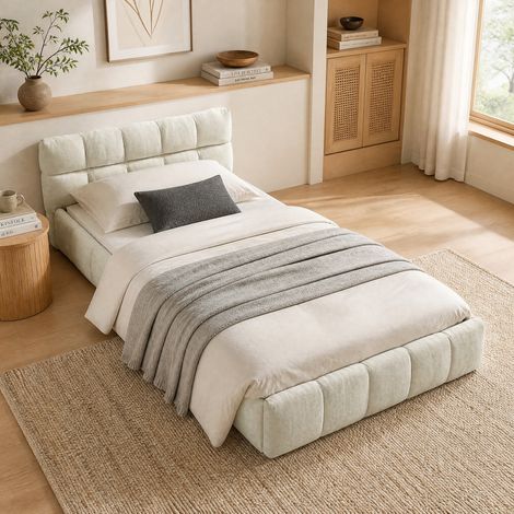 Lit enfant 90x200 cm beige, capitonnage carré, bois d'eucalyptus et fer, sans matelas MEUBLIV (1/5)