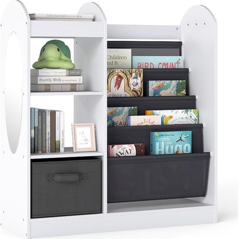 COSTWAY Libreria per Bambini con Specchio, Scaffale Giocattoli con 4 Ripiani a Rete e Cassetto in Tessuto, Libreria Montessori a 4 Livelli per Bambini per Cameretta e Sala Giochi (Bianco) (1/5)