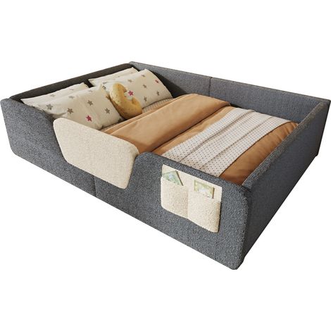 Lit enfant capitonné 140 x 190 cm en velours gris, avec barrières amovibles, poche de rangement intégrée et sans matelas CHICFURN (1/5)