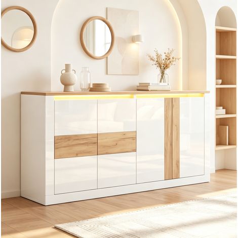Sideboard 140 x 35 x 70 cm mit RGB-LED, 4 Türen, MDF weiß und Eichenoptik OKMYHOME (1/5)