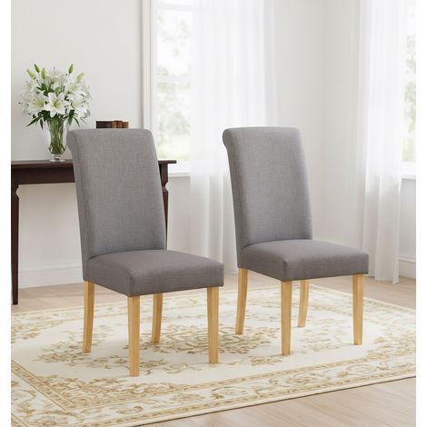 Hallowood Furniture Premium Roll Top Linen Fabric Grey Dining Chairs Set of 2 with Solid Wooden Legs, Modern Plain Back Neutral Upholstered Dining Room Chairs for Home, Restaurants or Cafés (1/5)