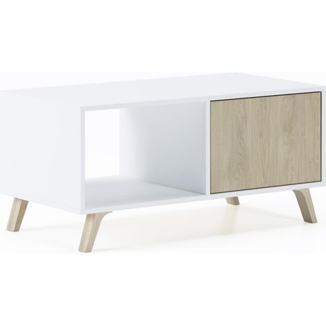 Skraut Home - Mesa de centro con puertas, salón comedor, Modelo WIND, color estructura Blanco, color puertas Roble, medidas 92x50x45cm de altura. (1/7)