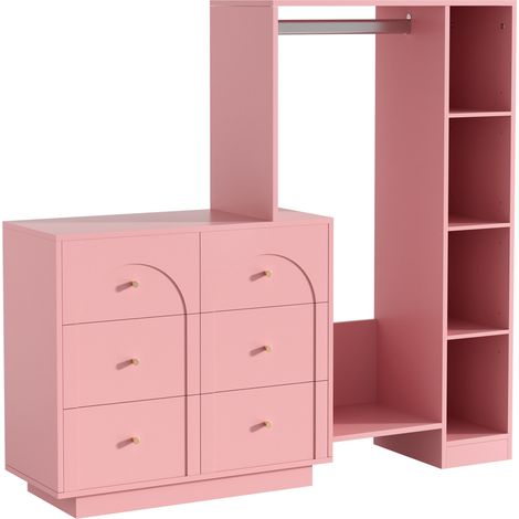 Armario vestidor abierto rosa con barra, 6 cajones y estantes laterales 139 x 35 x 133 cm (1/5)