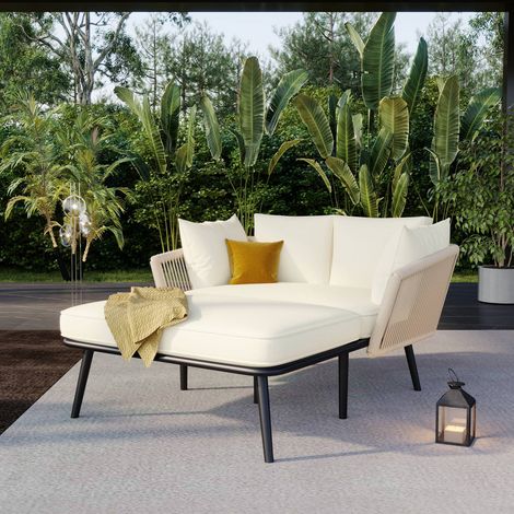 Salon de jardin 2 places avec coussins amovibles beige, canapé et transat pour balcon ou terrasse (1/5)
