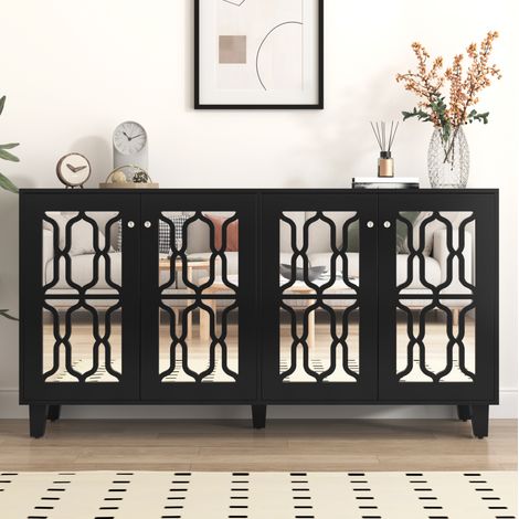 Schwarzes Sideboard mit Spiegeltüren, 4 Türen und Einlegeböden, 160 x 40 x 84 cm HAVRYA (1/5)