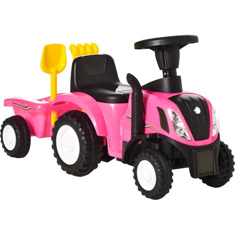 Tractor sin Pedales para Niños de 12-36 Meses con Remolque Extraíble Coche Correpasillos con Bocina Faros Pala Asiento de Suelo 25 cm y Rastrillo Carga 25 kg 91x29x44 cm Rosa (1/5)