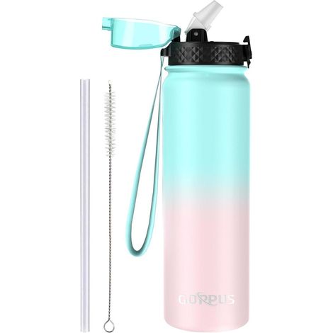 Trinkflasche 1L Edelstahl Strohhalm Auslaufsicher Grün Rosa 1000 ml (1/5)