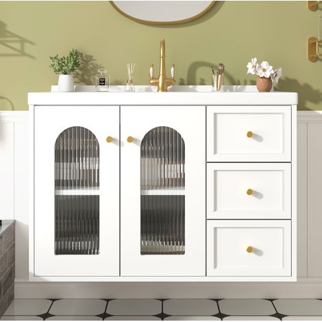 Meuble de salle de bain avec vasque 80 cm suspendu en MDF blanc DESVIAE (1/5)