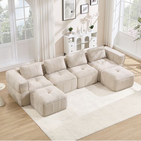 Canapé modulable en U 344/162 cm beige en polyester avec 2 poufs, sans montage (1/5)