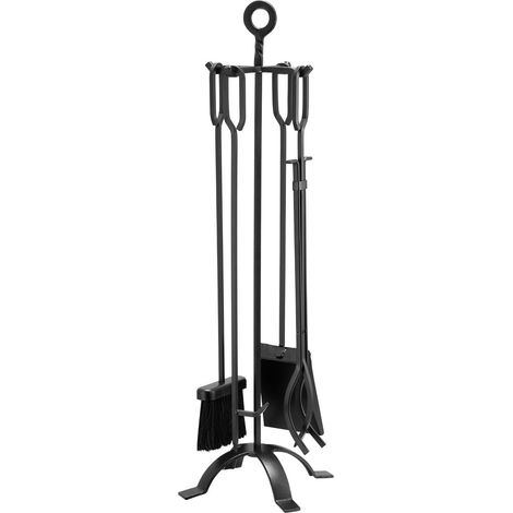 Set de Cheminée 5 Pièces avec Support, Pince, Pelle à Cendres, Brosse, Tisonnier en Fer Forgé, Noir, Intérieur/Extérieur (1/5)