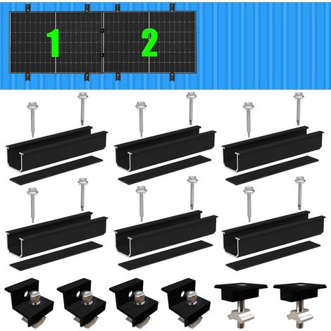 Kit de montage pour panneau solaire, profilé en aluminium noir de 12 cm et pinces réglables pour panneau solaire, support de panneau solaire, 2 modules 30-35 mm pour toit plat, tôle (1/5)