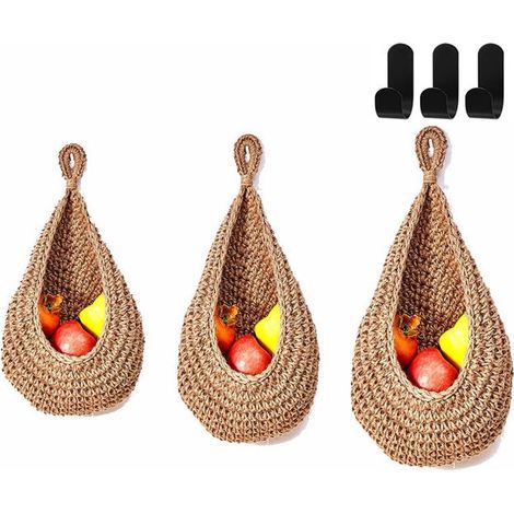 royaluxe - Panier mural suspendu en forme de larme, panier à légumes et fruits, crochet, rangement pour légumes, cuisine (3 pièces - 3 tailles) (1/5)
