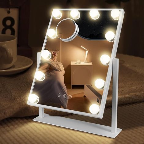 Specchio con illuminazione LED Type-C e porta di ricarica USB, 12 impostazioni di luce, specchio per il trucco con 3 modalità di illuminazione, montaggio a parete, bianco, 40x30 cm (1/4)