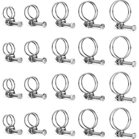 Jeu de 20 colliers à double fil inox 304 réglables 16-40 mm pour tuyaux d'eau (1/4)