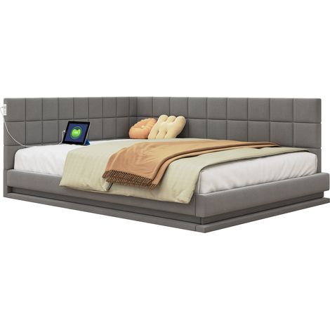 Canapé-lit rembourré 140 x 200 multifonction avec bande LED, prise USB et sommier à lattes, lin gris doux pour la peau (1/5)