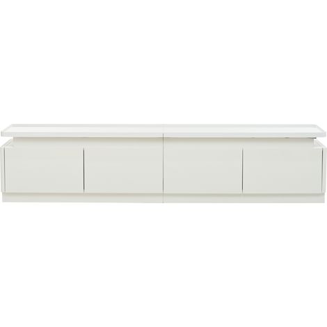 Meuble TV blanc laqué brillant avec 4 tiroirs et éclairage LED, 180 x 34 x 40 cm, pour TV jusqu'à 75 pouces (1/5)