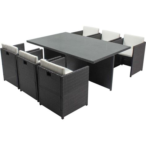 Table et chaises 6 places encastrables en résine gris-blanc MIAMI